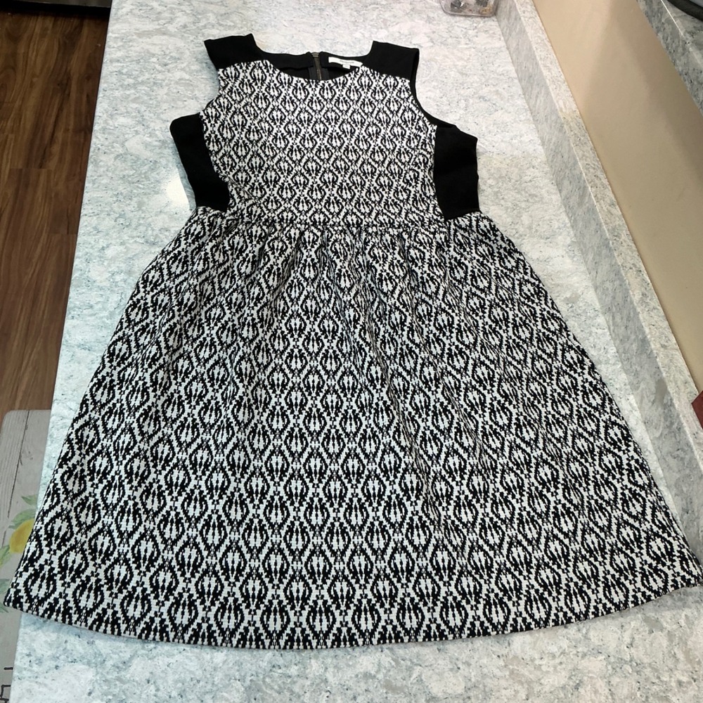 Madewell Dress Fit and Flare Small Black White Geometric Sleeveless Zip Back